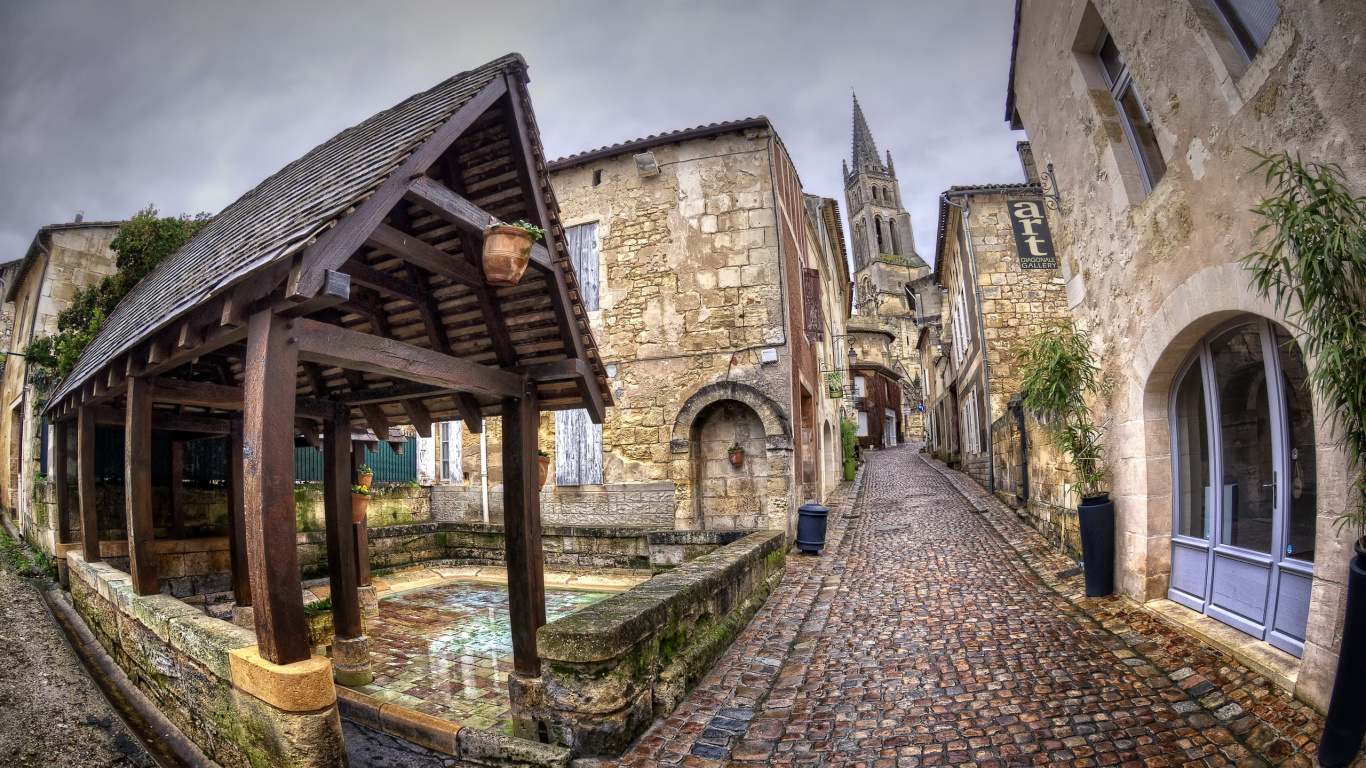 Обои объектив fisheye, здание, городок, улица, город в разрешении 1366x768