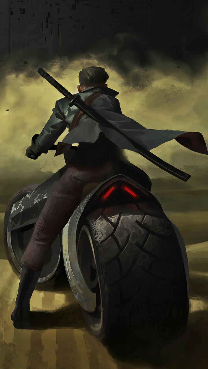 Обои артист, мотоцикл, арт, автомобильные шины, шина в разрешении 720x1280