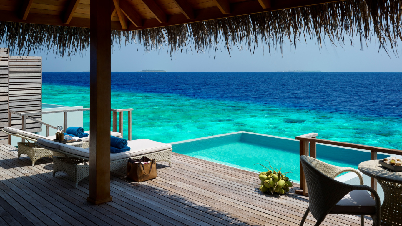 Обои Дусит Тани Мальдивы, плавательный бассейн, вилла, прибежище, отпуск в разрешении 1366x768