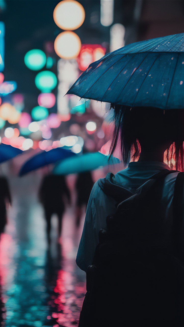 Обои зонтик, розовый, пурпурный цвет, город, полночь в разрешении 750x1334