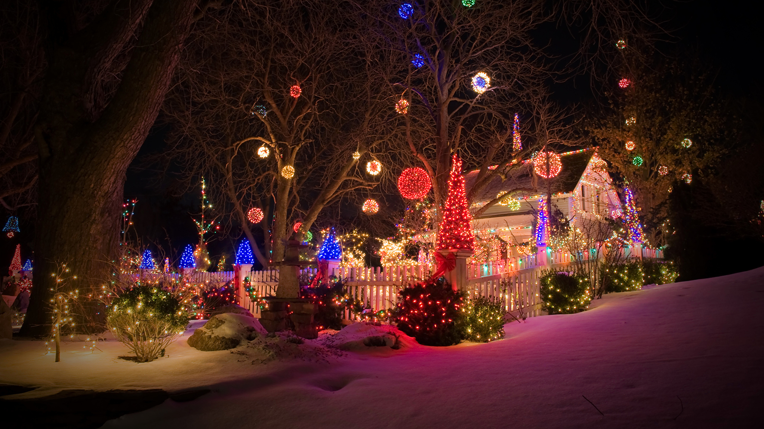 Обои Рождественские огни, Рождественский день, освещение, свет, Рождество в разрешении 2560x1440