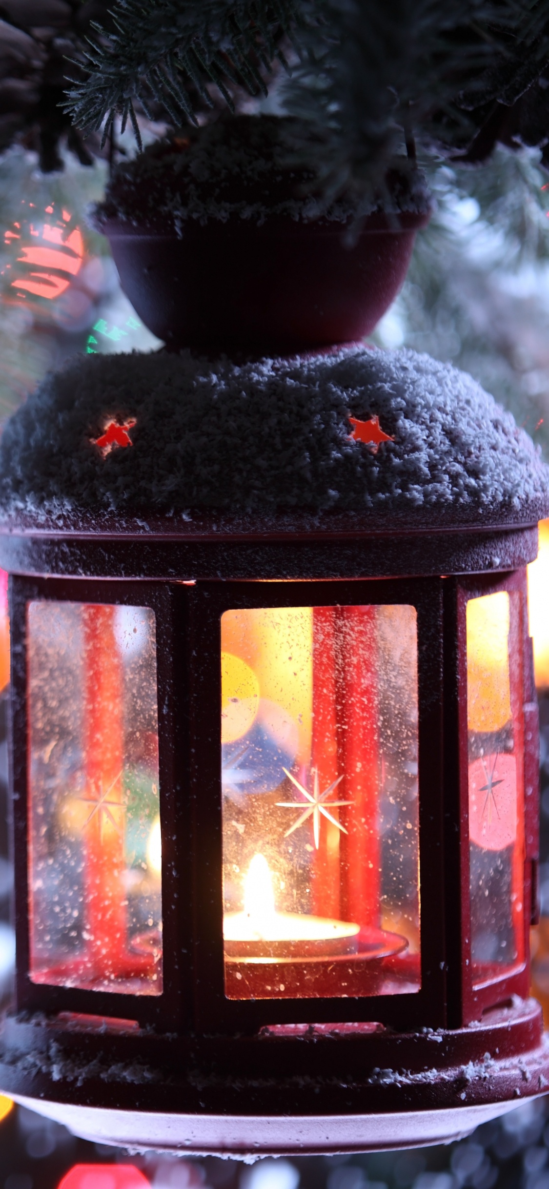 Обои Рождественский день, освещение, елка, дерево, зима в разрешении 1125x2436