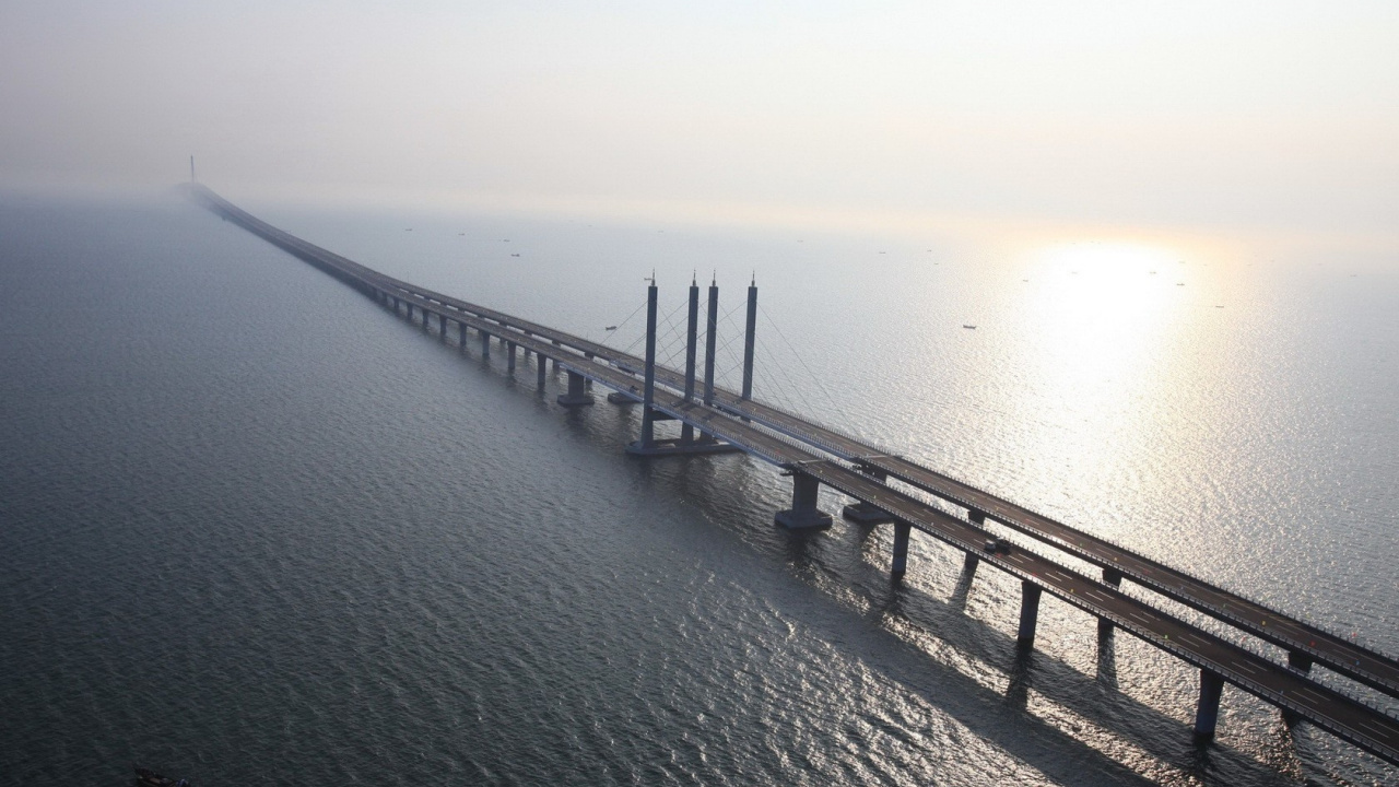 Обои Цзяочжоу Бэй Бридж, Цзяочжоу Бэй, Ханчжоу Бэй Бридж, Цзяочжоу Города, мост в разрешении 1280x720