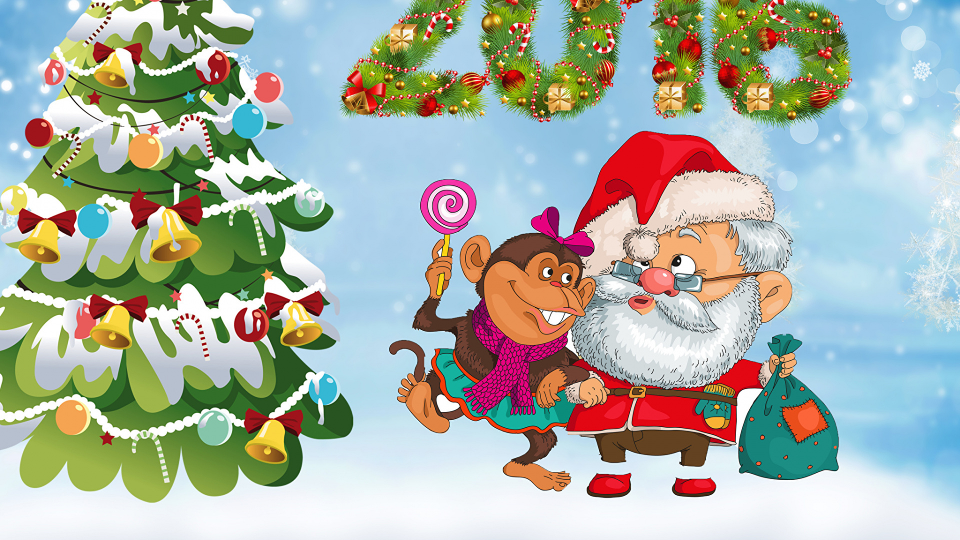 Обои Рождественский день, елка, Санта-Клаус, Новый год, рождественский орнамент в разрешении 1920x1080