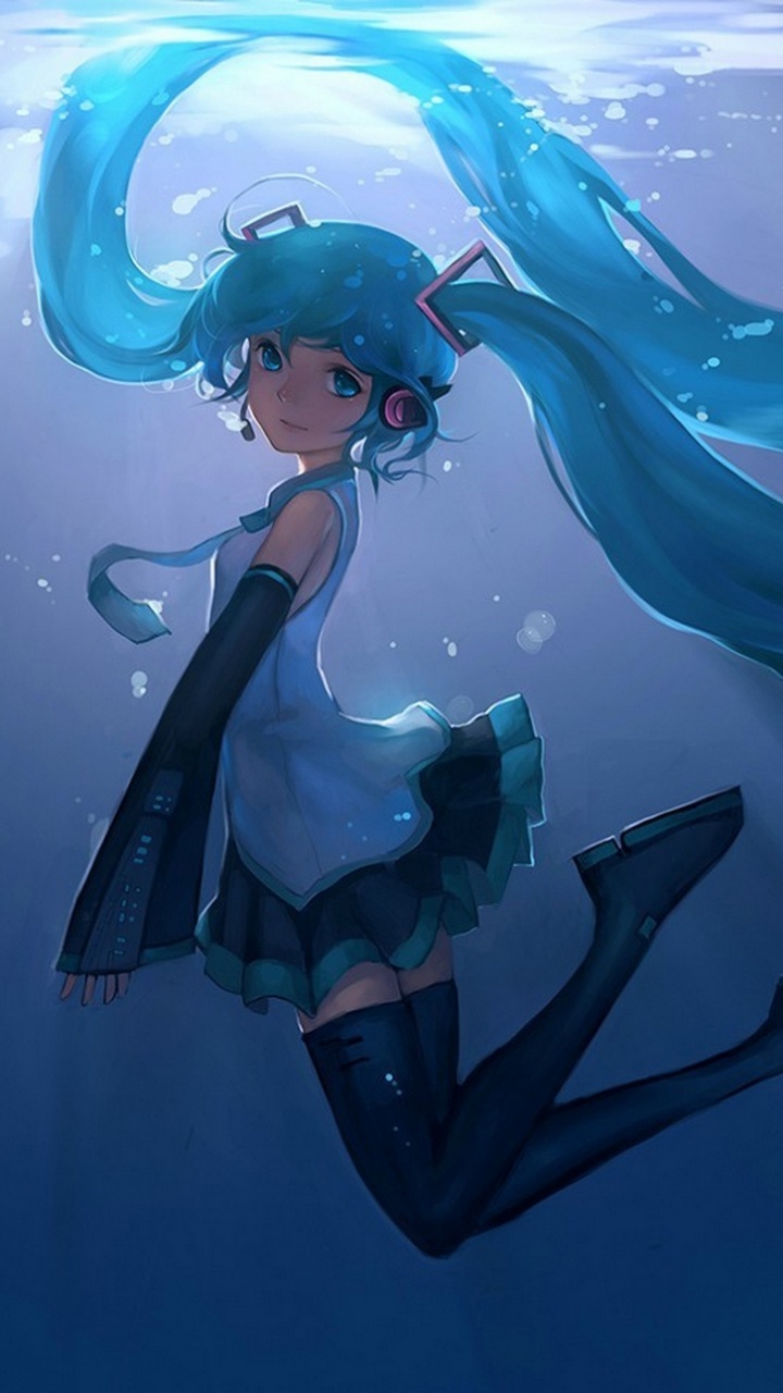 Обои Хацунэ Мику, вокалоид, синий, вода, подземные воды в разрешении 720x1280