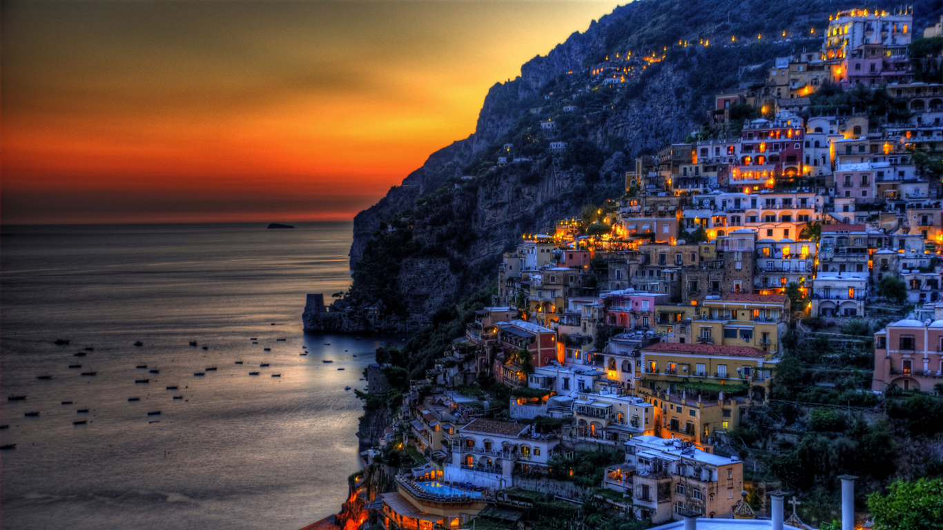 Обои Позитано, побережье, море, закат, городок в разрешении 1366x768