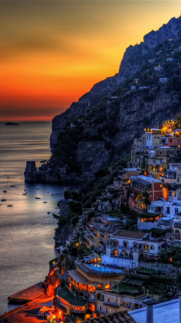 Обои Позитано, побережье, море, закат, городок в разрешении 720x1280