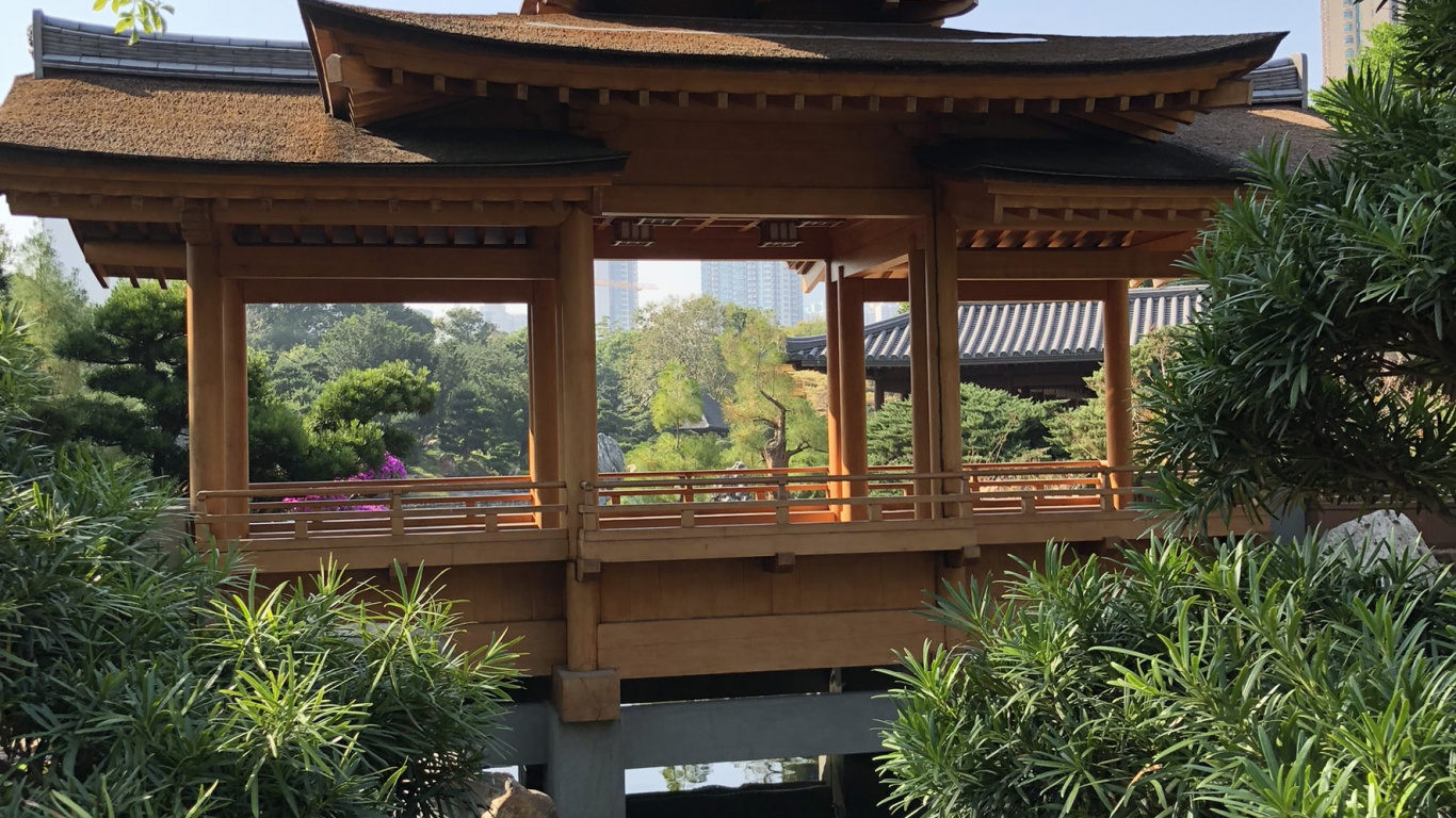 Обои Гонконг, китайская архитектура, бельведер, сад, павильон в разрешении 1366x768