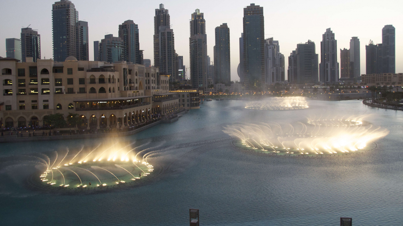 Обои Бурдж Дубай, Бурдж Халифа, Дубай Молл, Фонтан Дубай, город в разрешении 1366x768