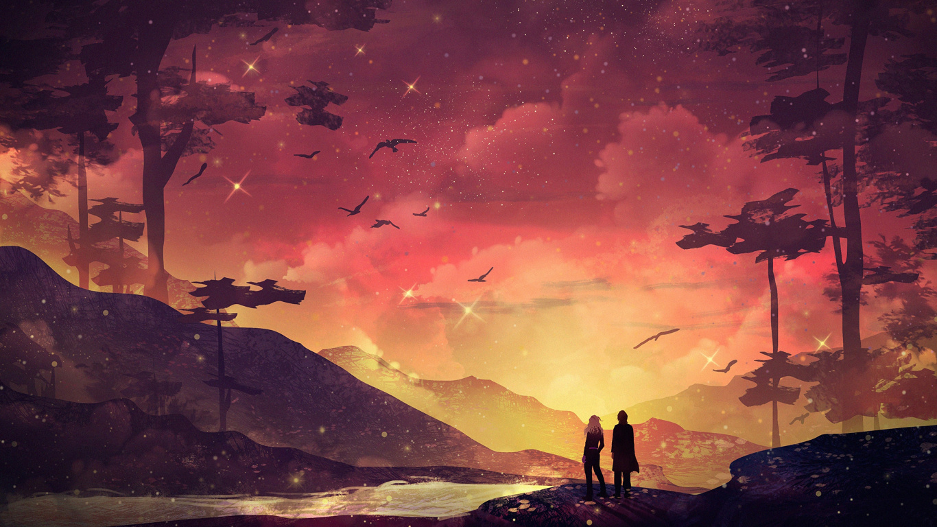 Обои потерянные путешественники, цифровое искусство, только сейчас, облако, атмосфера в разрешении 1366x768