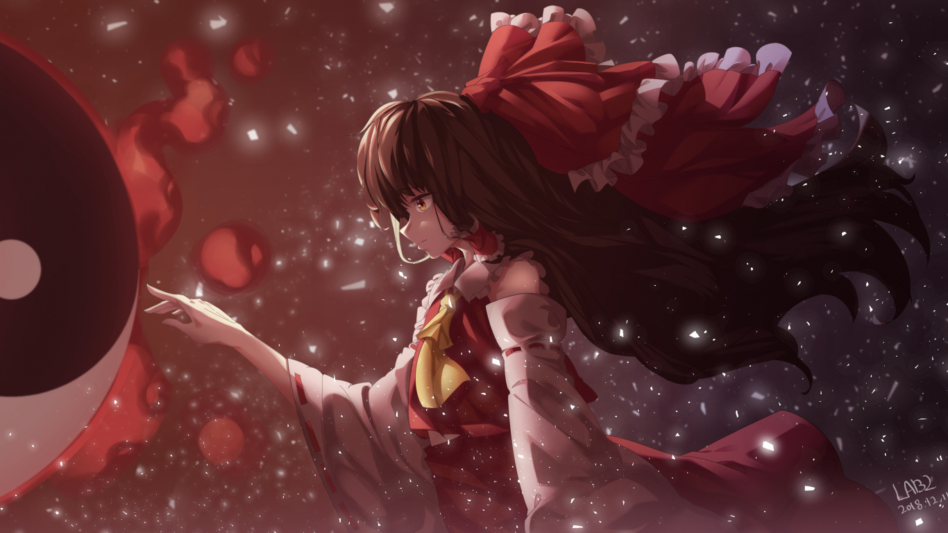 Обои рейму хакурей, проект тохо, аниме, красный цвет, иллюстрация в разрешении 1366x768