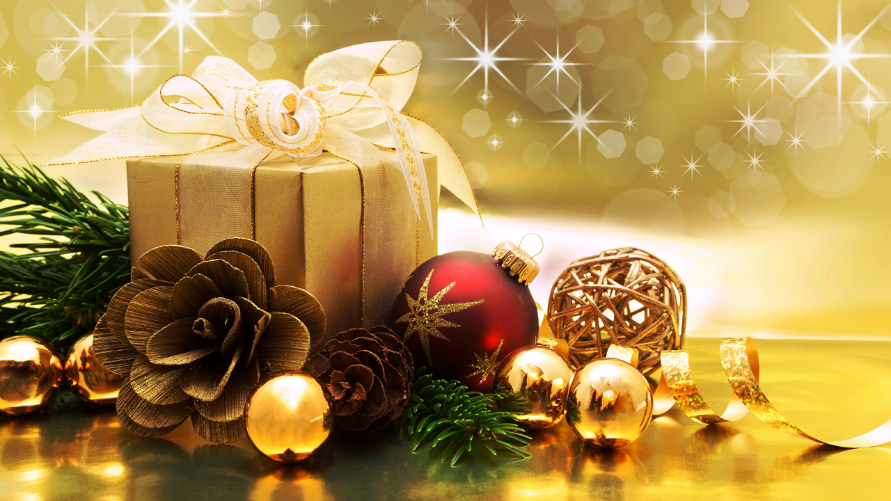 Обои Рождественский день, Рождественские украшения, Рождество, рождественский орнамент, натюрморт в разрешении 1280x720