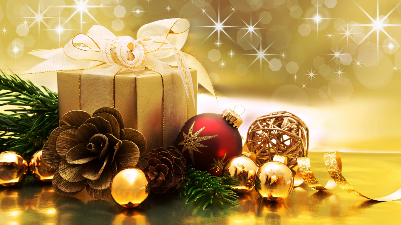 Обои Рождественский день, Рождественские украшения, Рождество, рождественский орнамент, натюрморт в разрешении 1366x768