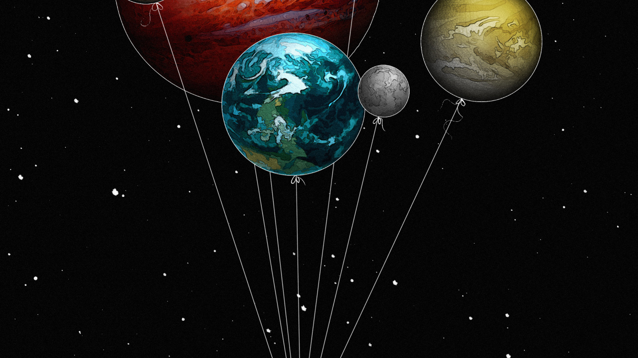 Обои космонавт с воздушными шарами, воздушный шарик, космос, астронавт, космическое пространство в разрешении 1280x720