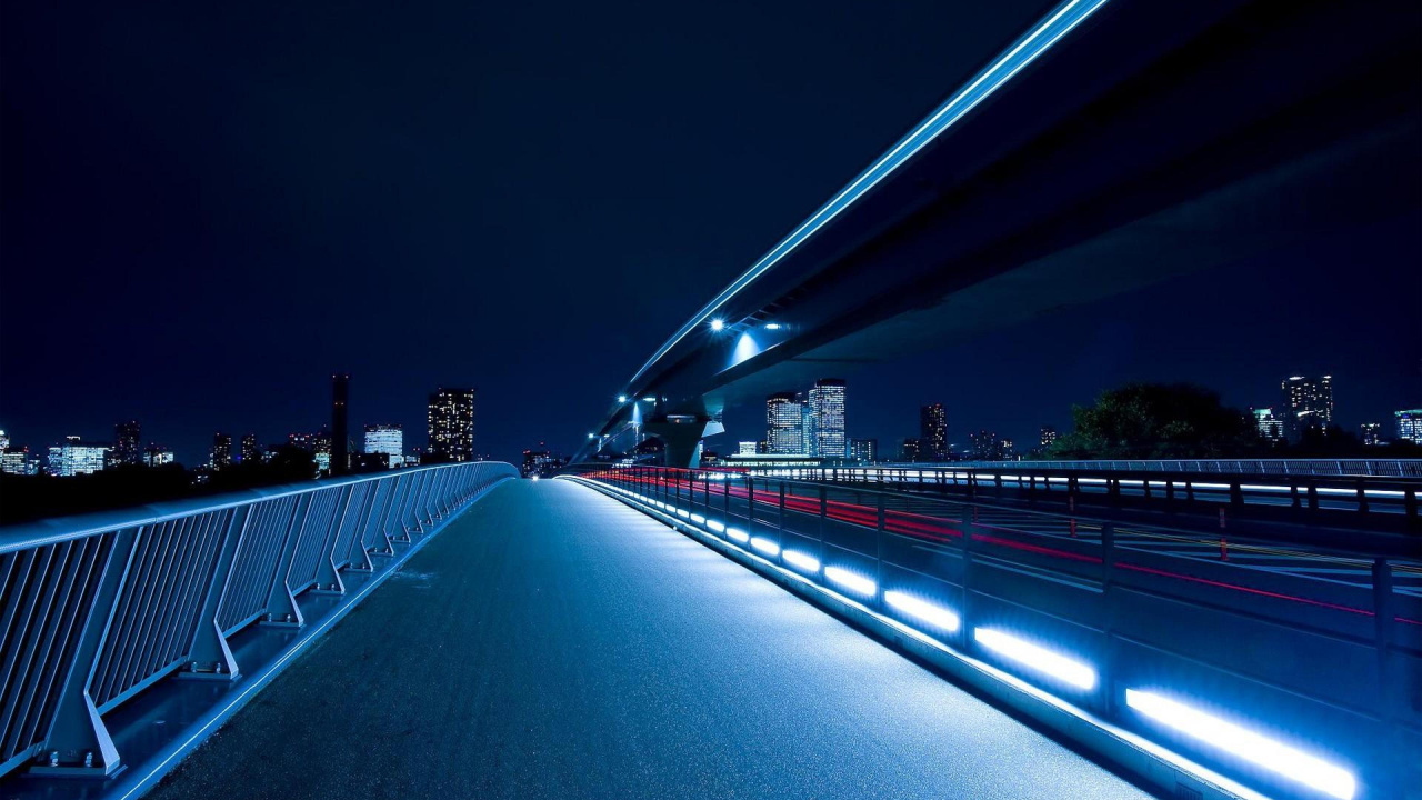 Обои архитектура, синий, ночь, свет, мост в разрешении 1280x720