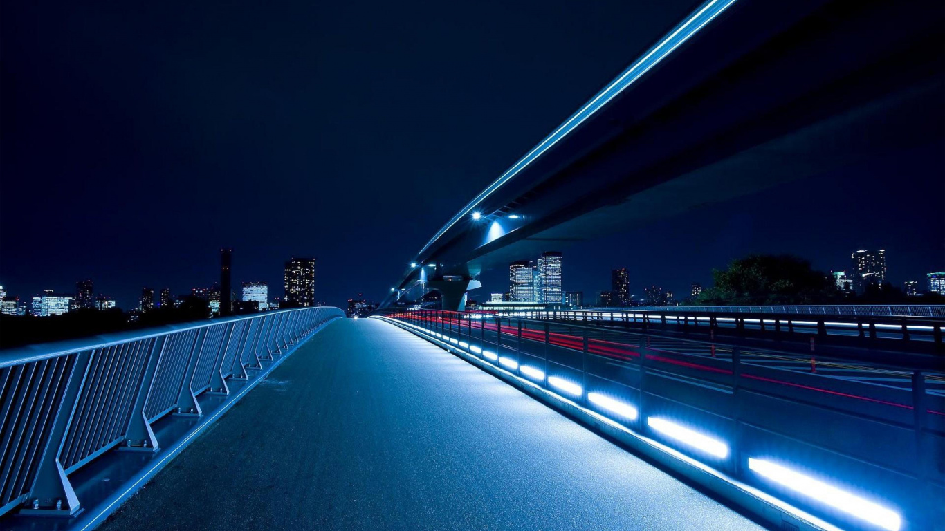 Обои архитектура, синий, ночь, свет, мост в разрешении 1366x768