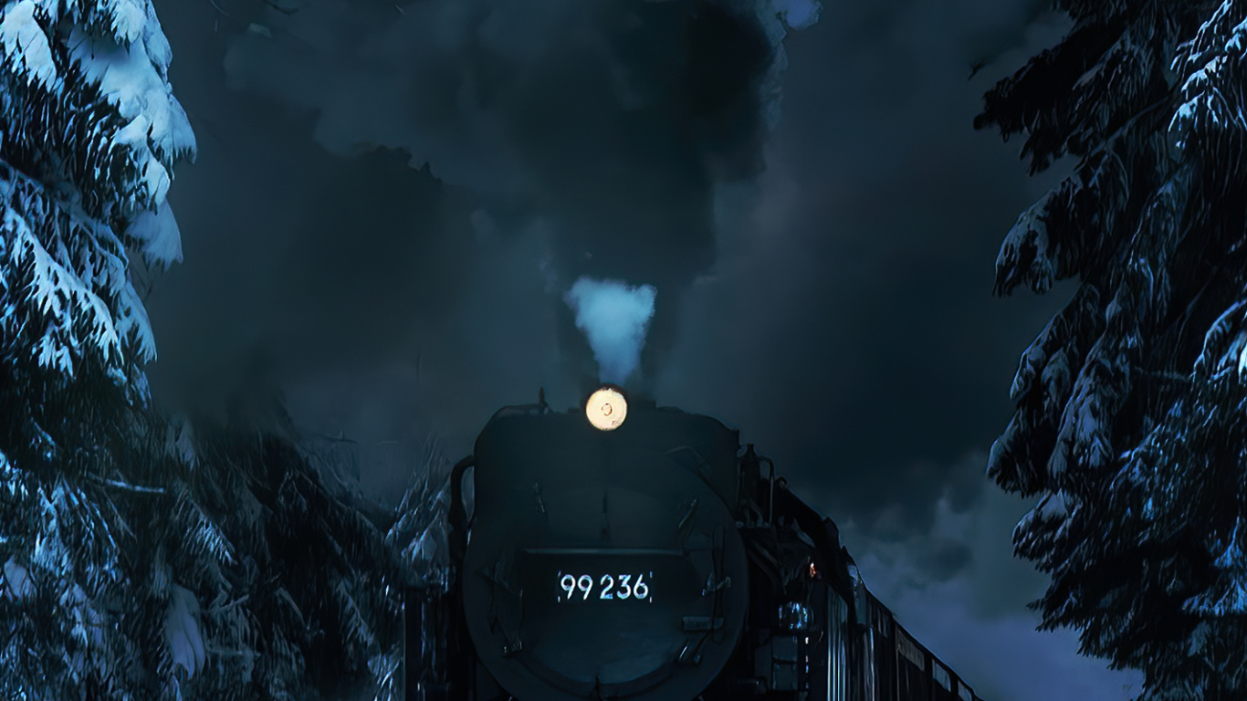 Обои снег, поезд, автомобильное освещение, растение, подвижной состав в разрешении 1366x768