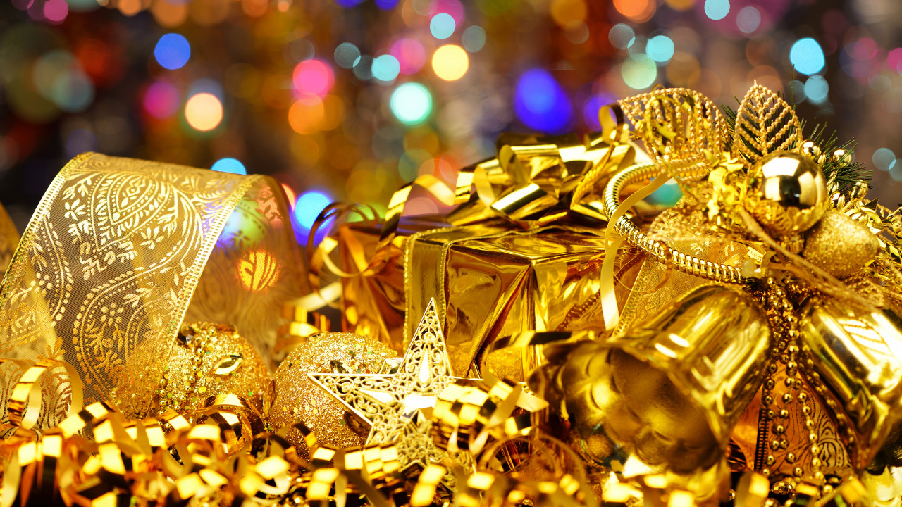 Обои золото, Рождество, Рождественские украшения, событие, традиция в разрешении 1280x720
