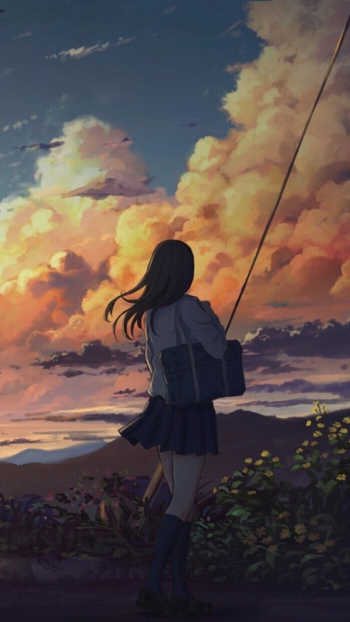 Обои театральные декорации, аниме, живопись, пейзаж, облако в разрешении 720x1280