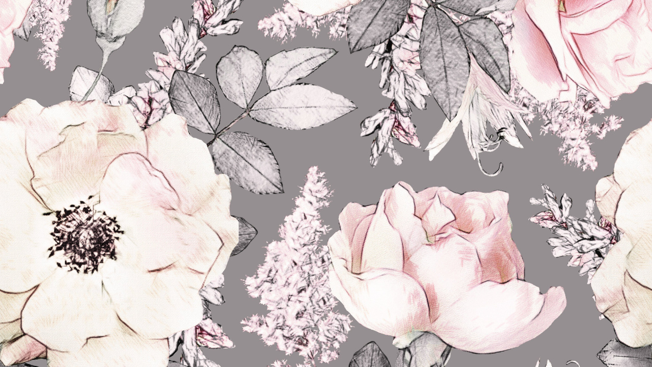 Обои серый цвет, цветок, лепесток, узор, цветочный дизайн в разрешении 1280x720