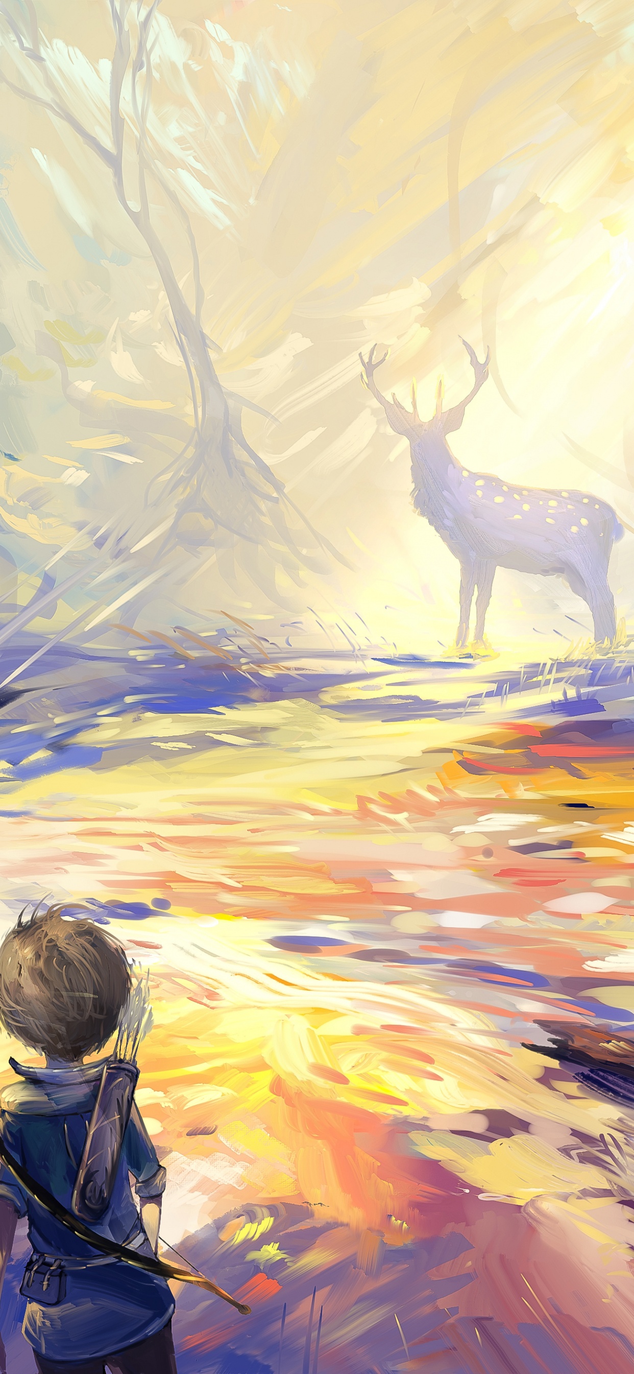 Обои охота на оленей, олень, живопись, акварельные краски, арт в разрешении 1242x2688
