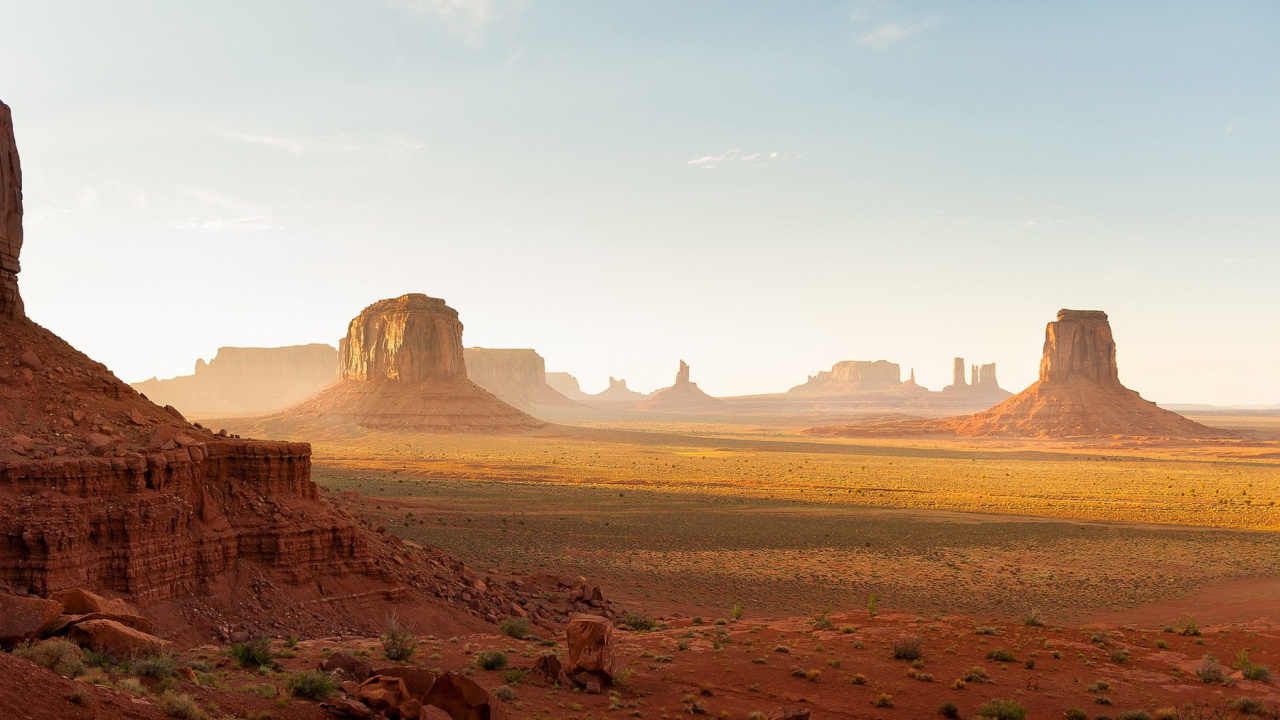 Обои долина монументов, бьютт, горный рельеф, пустыня, бесплодные земли в разрешении 1280x720