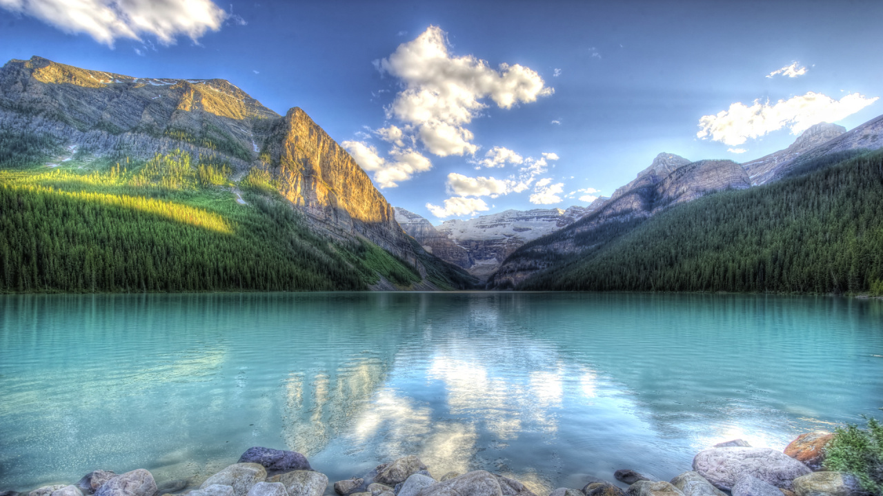 Обои озеро maligne, озеро Луиза, гора, озеро, ледниковое озеро в разрешении 1280x720