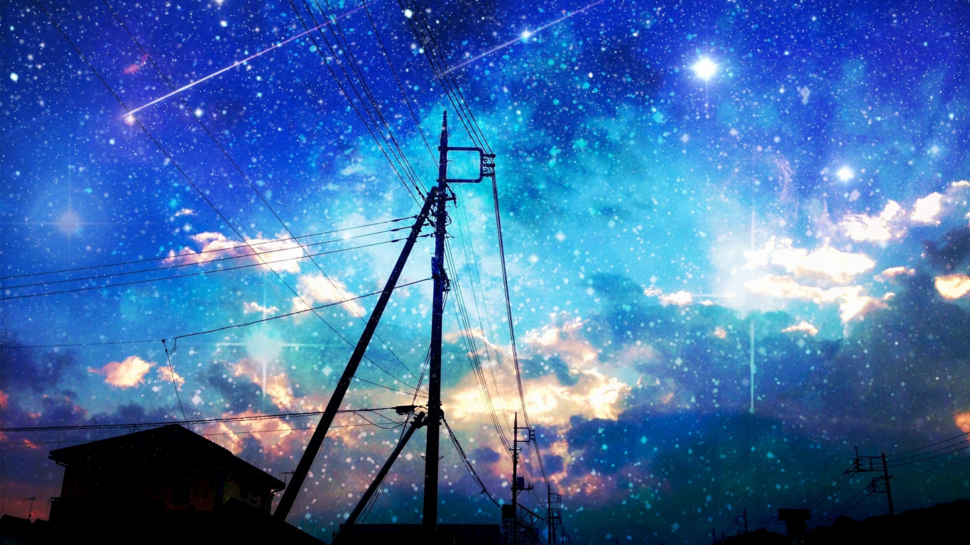 Обои аниме, звезда, пейзаж, театральные декорации, пейзажная живопись в разрешении 1366x768