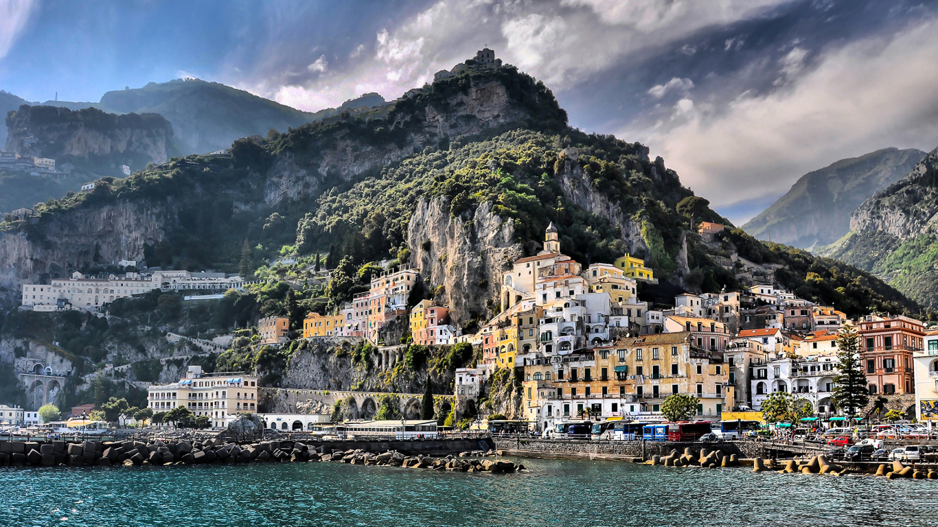 Обои Сорренто, Позитано, гора, вода, горная деревня в разрешении 1366x768