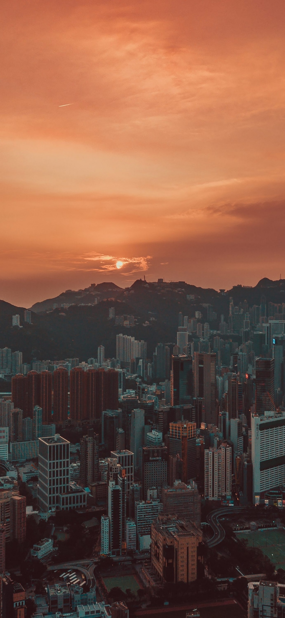 Обои закат, Гонконг, город, городской пейзаж, метрополия в разрешении 1125x2436