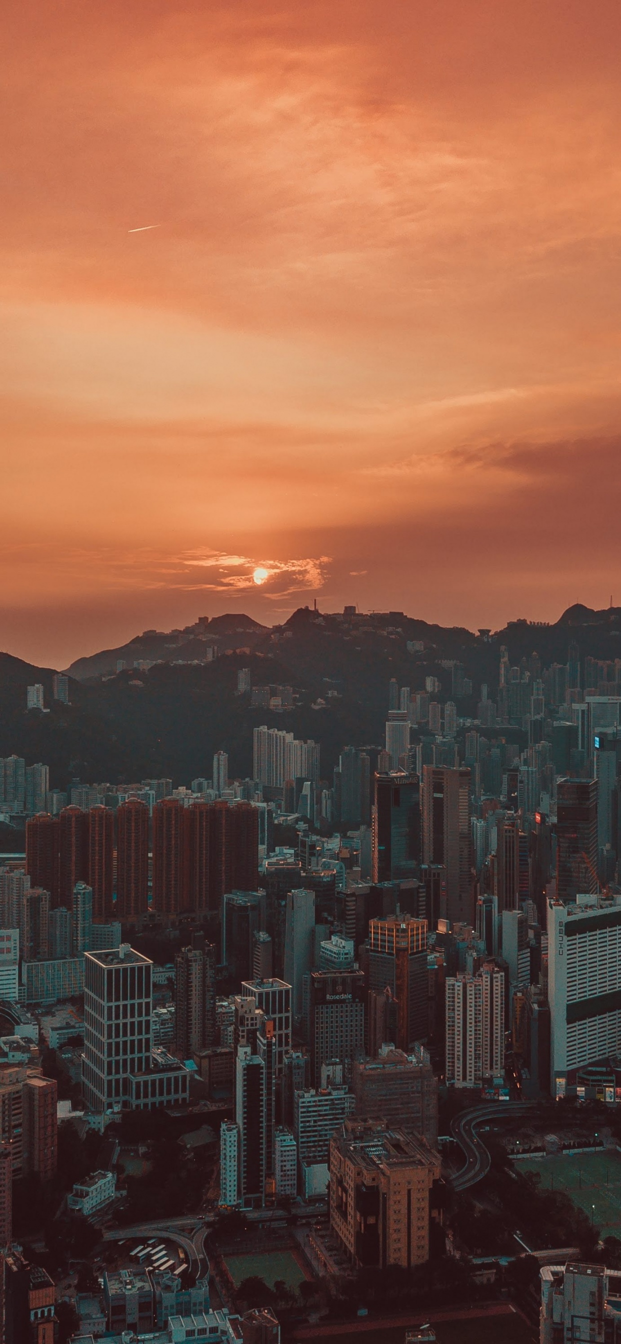 Обои закат, Гонконг, город, городской пейзаж, метрополия в разрешении 1242x2688