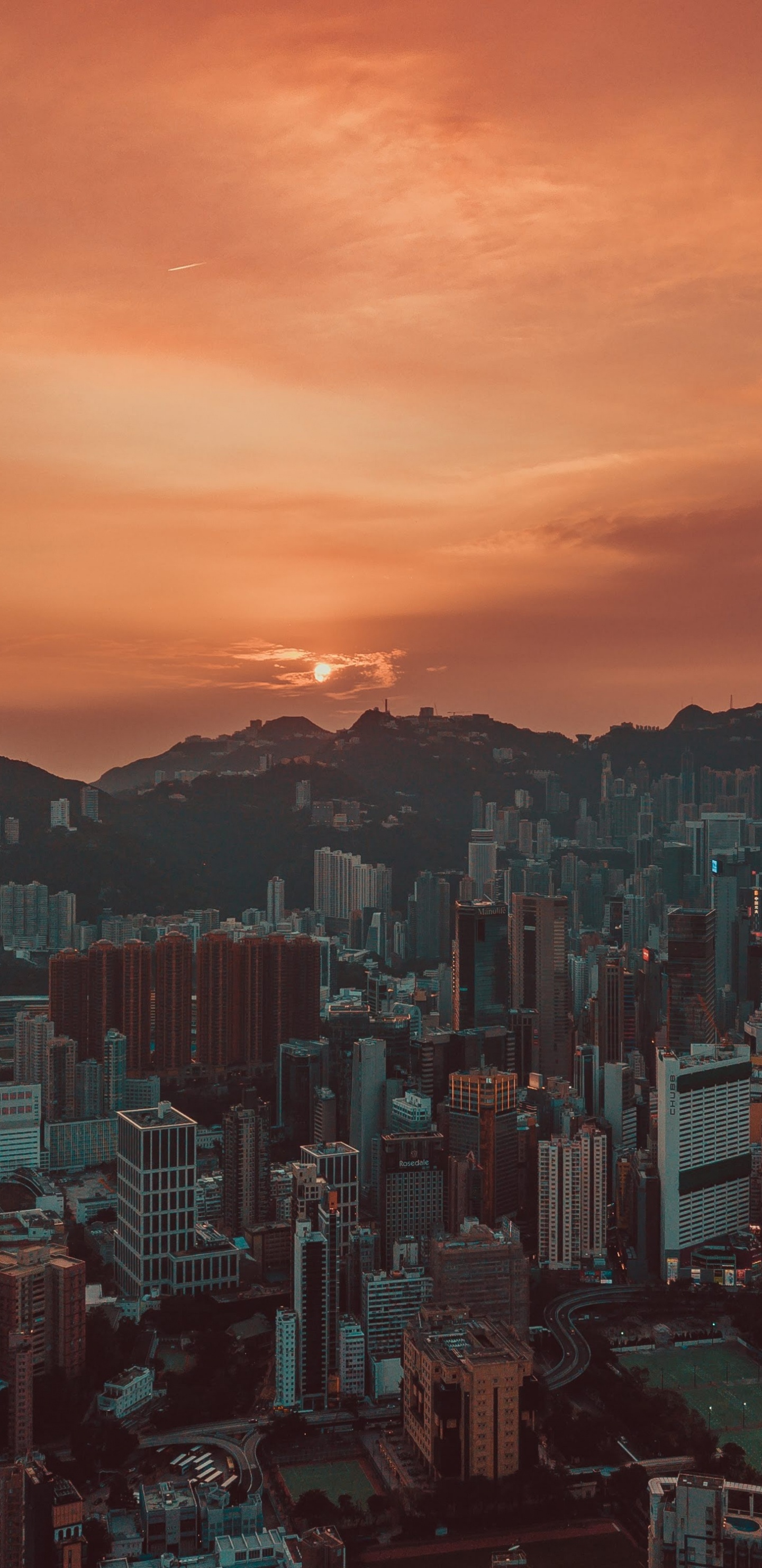 Обои закат, Гонконг, город, городской пейзаж, метрополия в разрешении 1440x2960