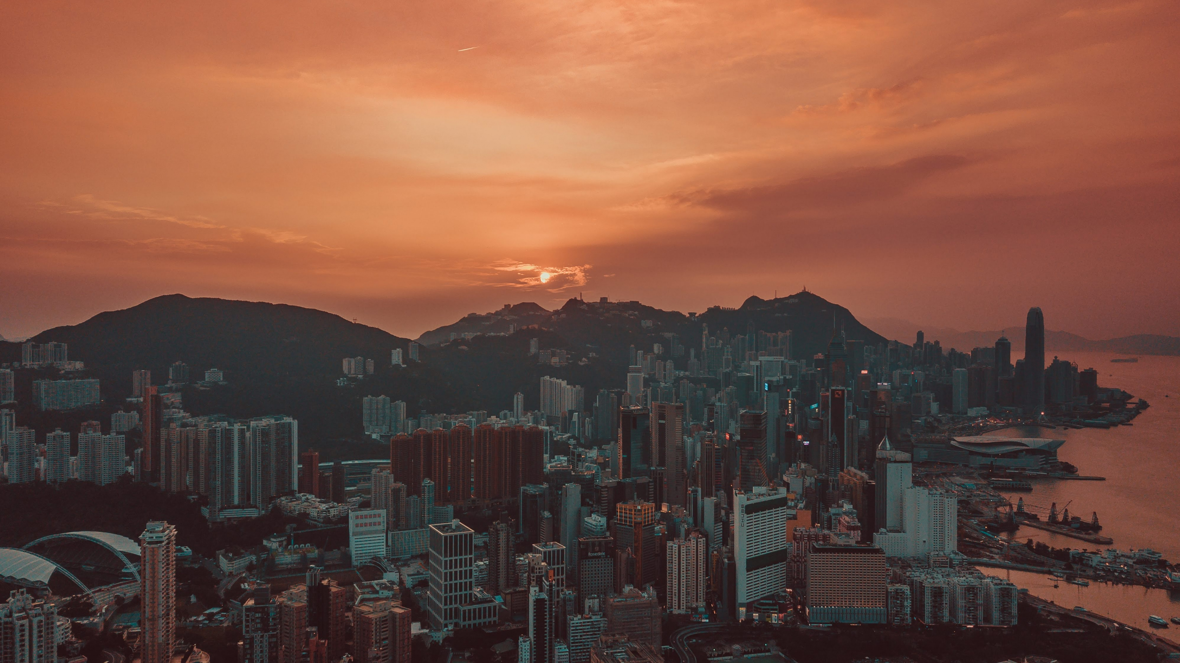 Обои закат, Гонконг, город, городской пейзаж, метрополия в разрешении 3840x2160
