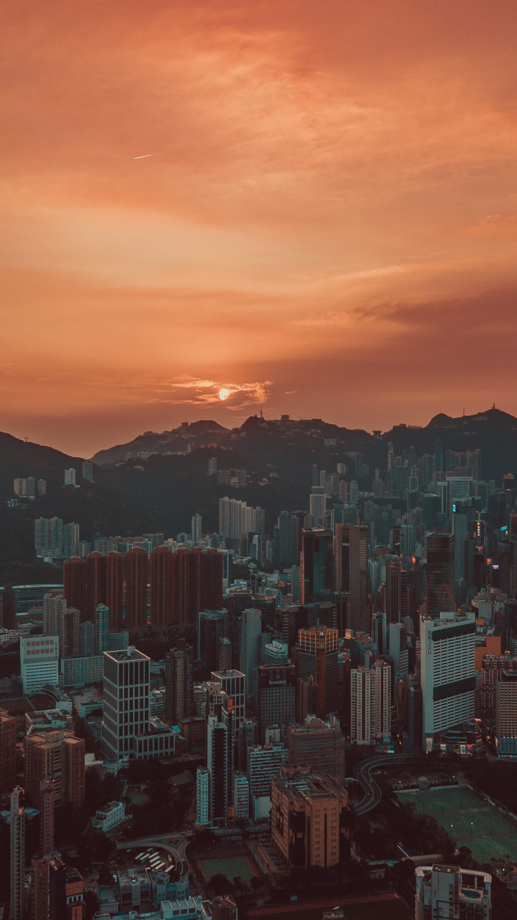 Обои закат, Гонконг, город, городской пейзаж, метрополия в разрешении 750x1334