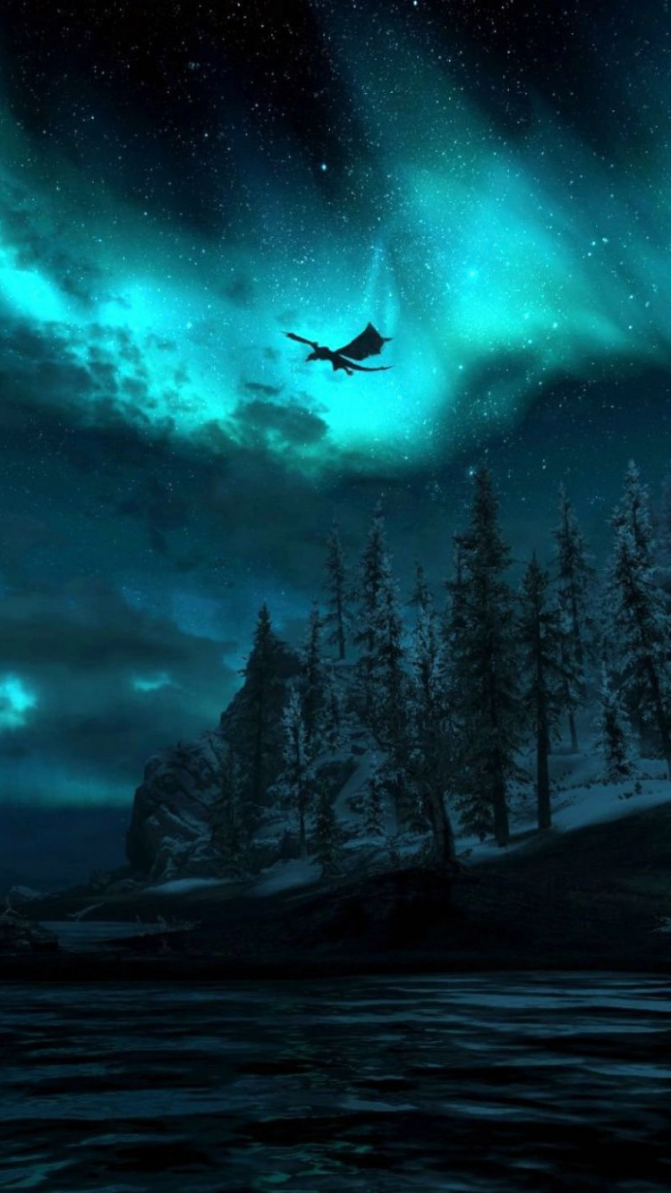 Обои дракон, природа, Аврора, темнота, ночь в разрешении 750x1334