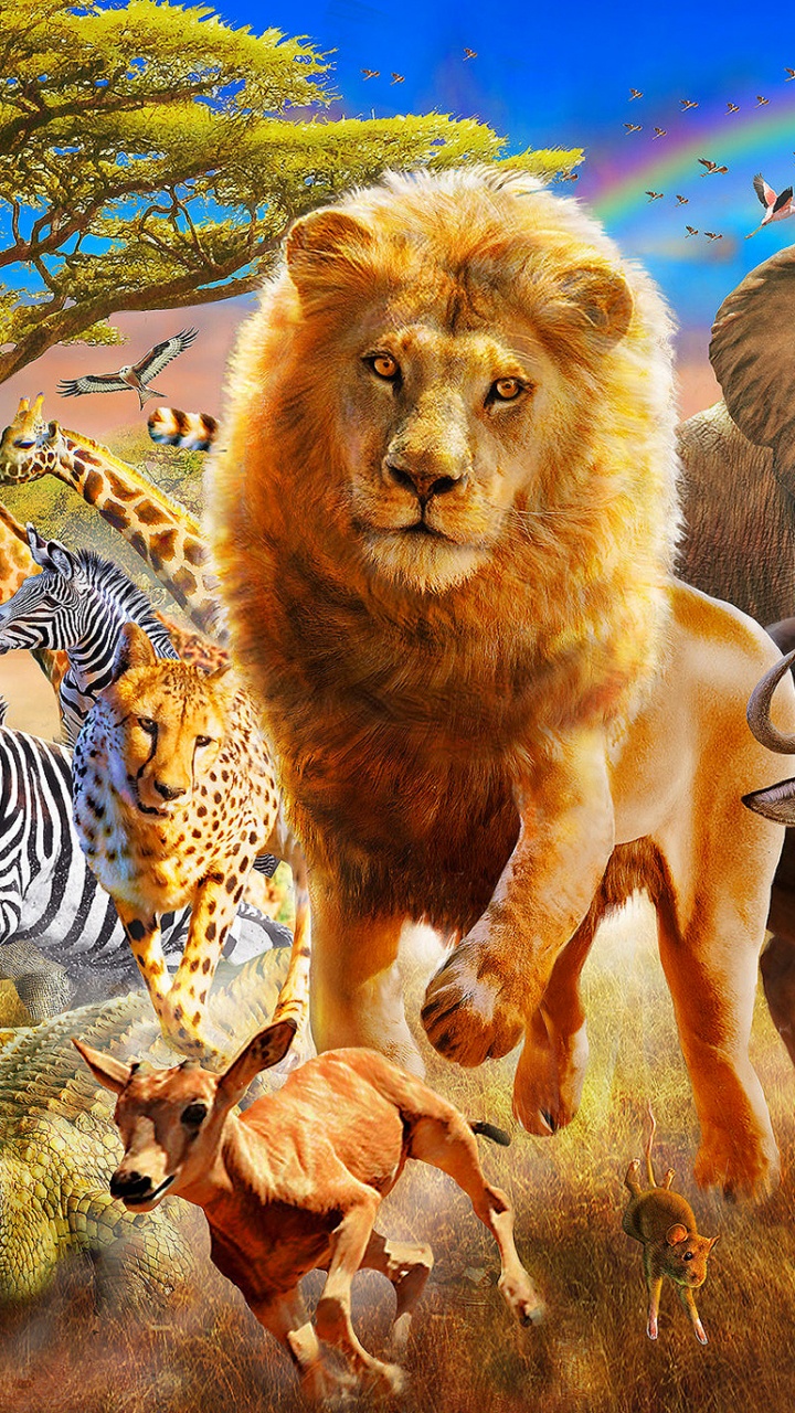 Обои живопись, Лев, живая природа, наземные животные, арт в разрешении 720x1280