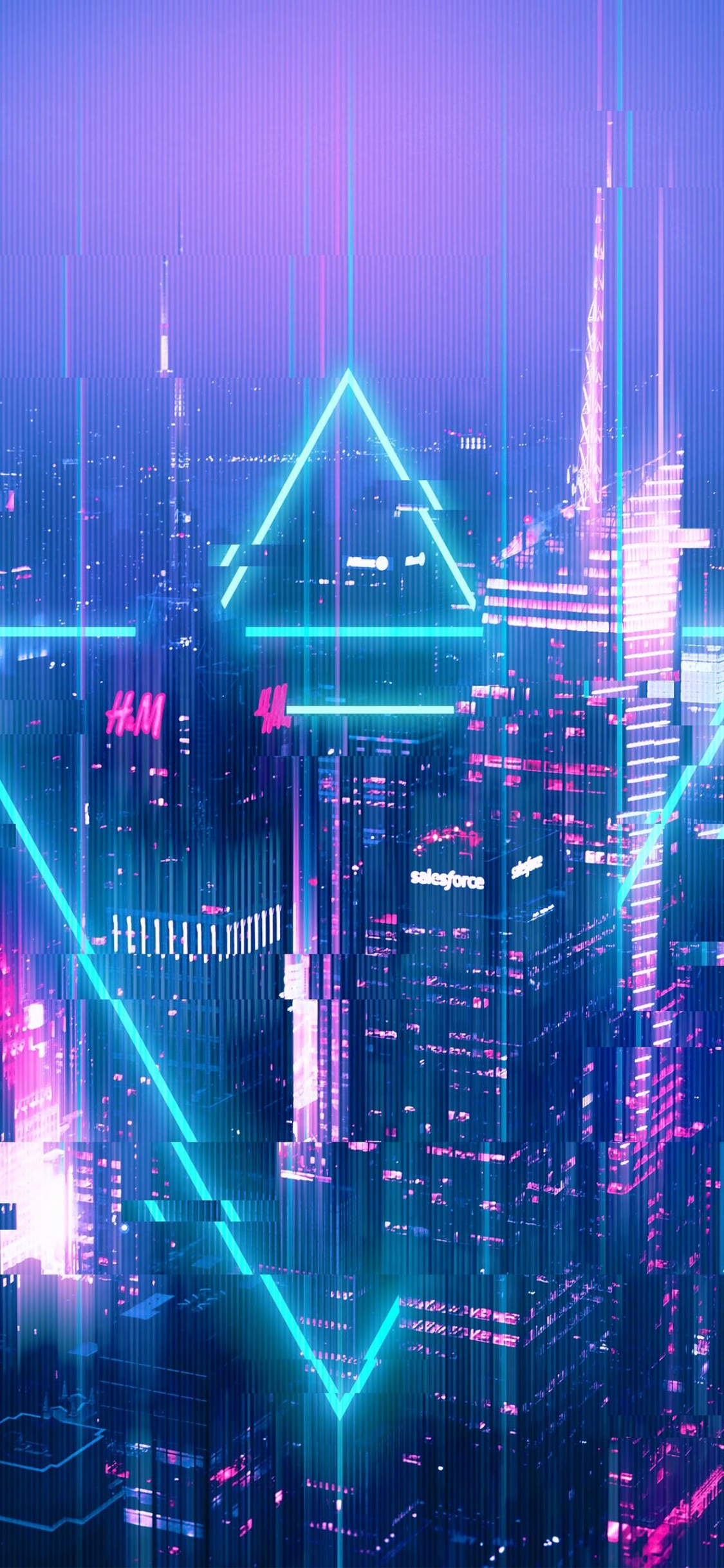 Обои Глитч-арт, здание, небоскреб, свет, пурпур в разрешении 1125x2436