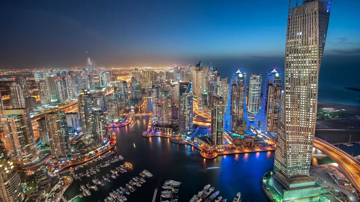 Обои Дубай Марина, город, городской пейзаж, метрополия, небоскреб в разрешении 1366x768