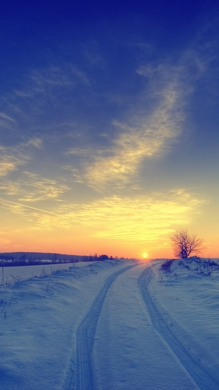 Обои закат, зима, снег, горизонт, замораживание в разрешении 750x1334