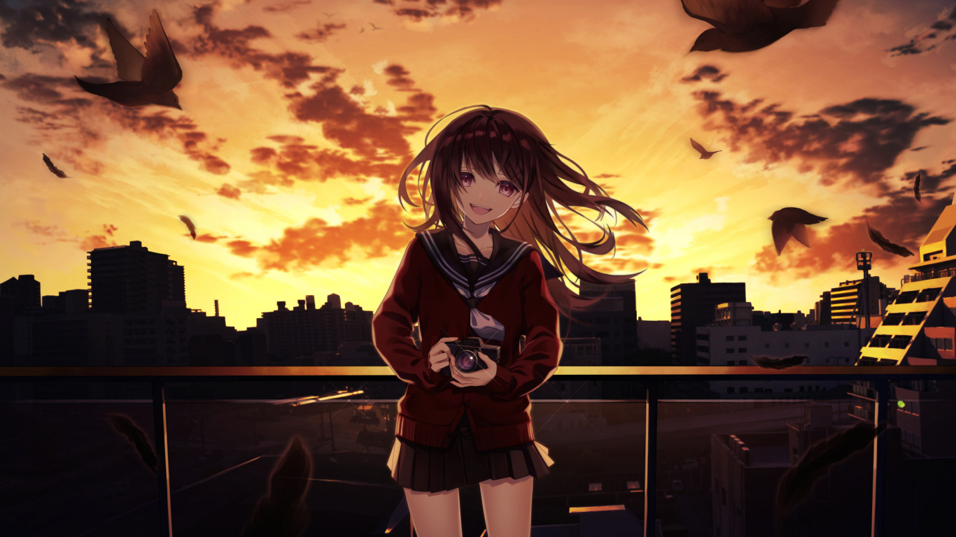 Обои аниме, облако, закат, мир, Счастлив в разрешении 1366x768