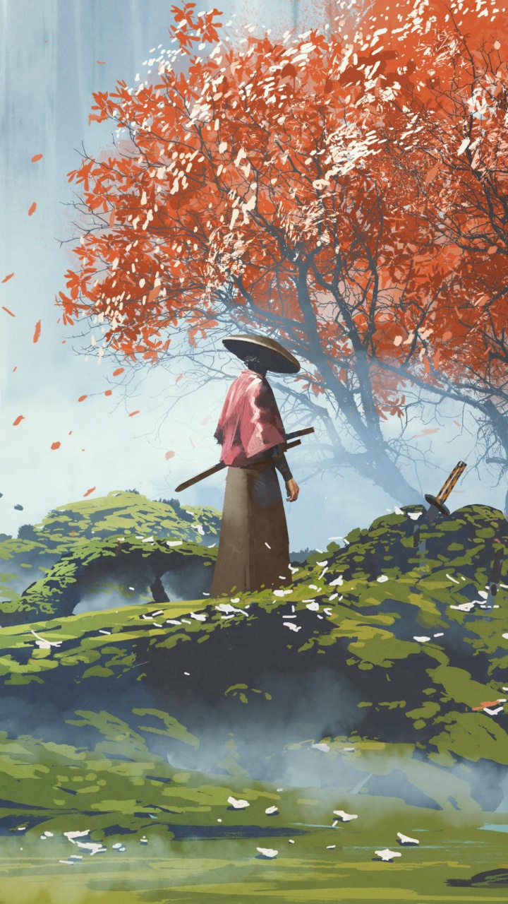 Обои Самурай, иллюстрация, живопись, арт, цифровое искусство в разрешении 720x1280