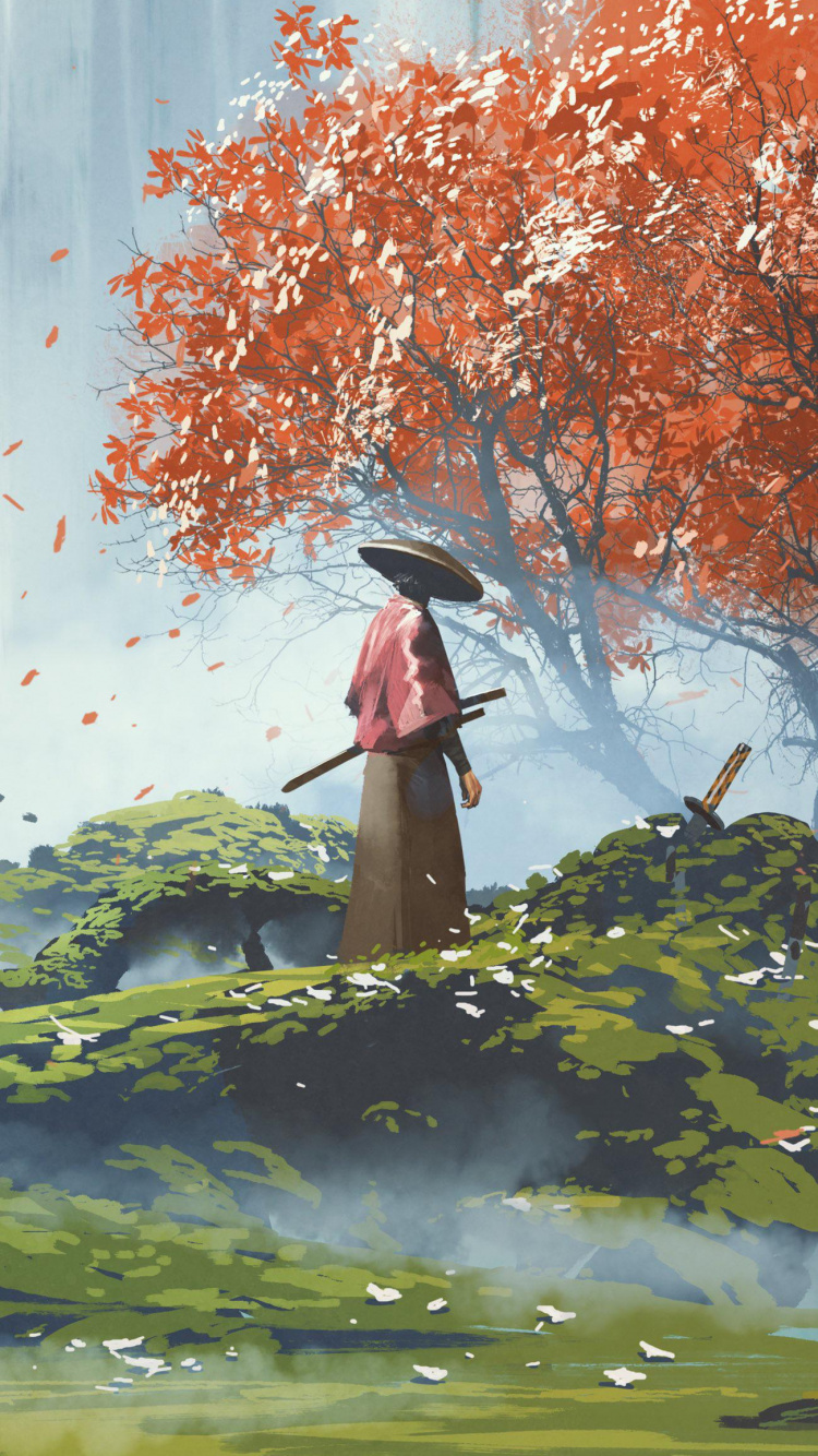 Обои Самурай, иллюстрация, живопись, арт, цифровое искусство в разрешении 750x1334