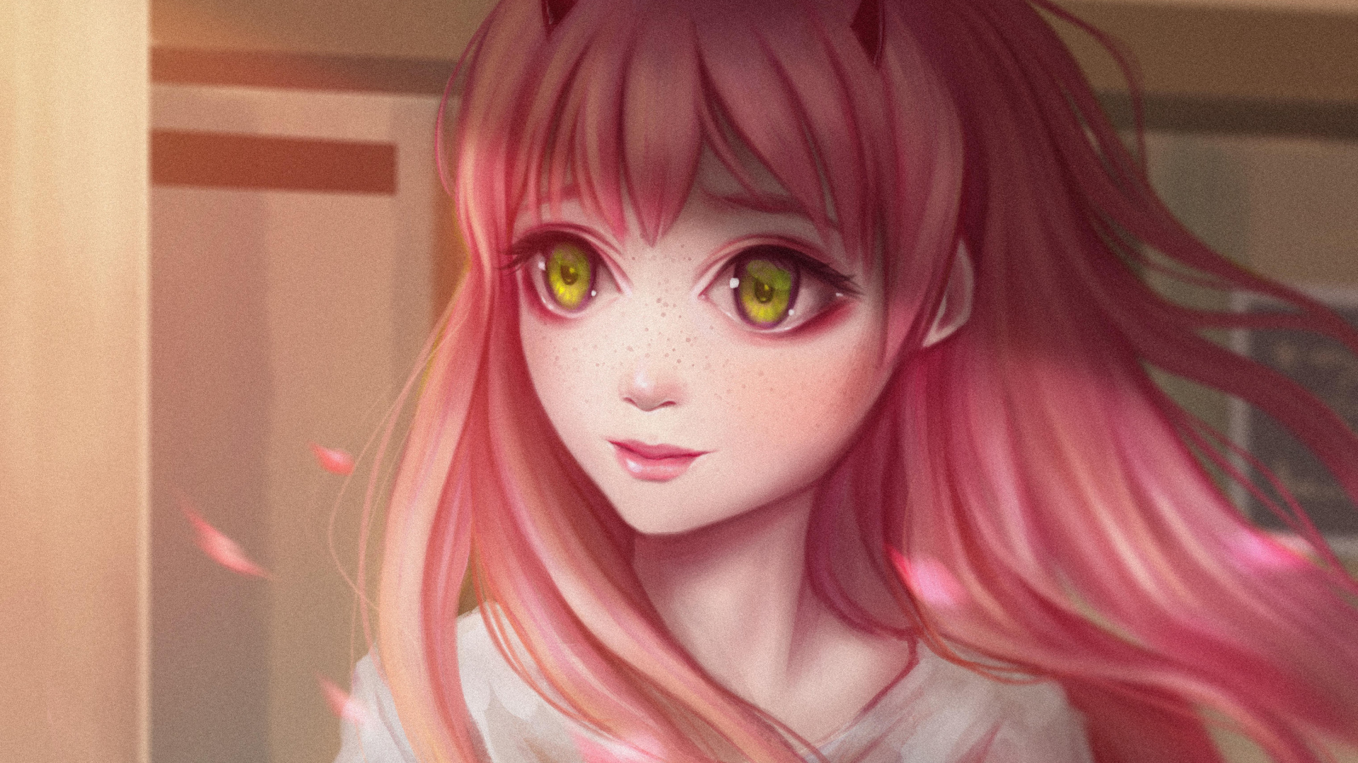 Обои аниме, волосы, лицо, розовый, парик в разрешении 1920x1080