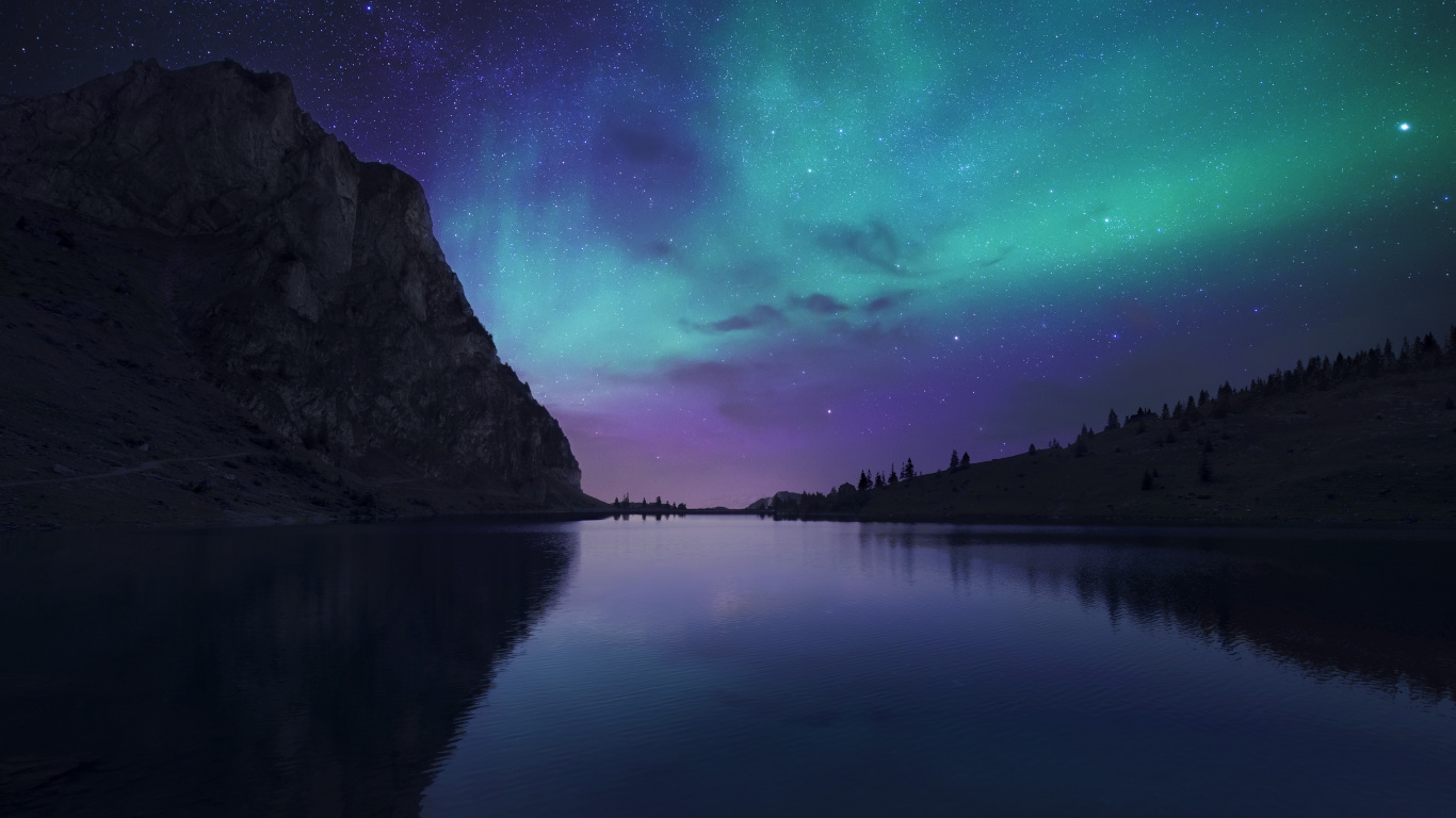 Обои Аврора, природа, отражение, ночь, атмосфера в разрешении 1366x768