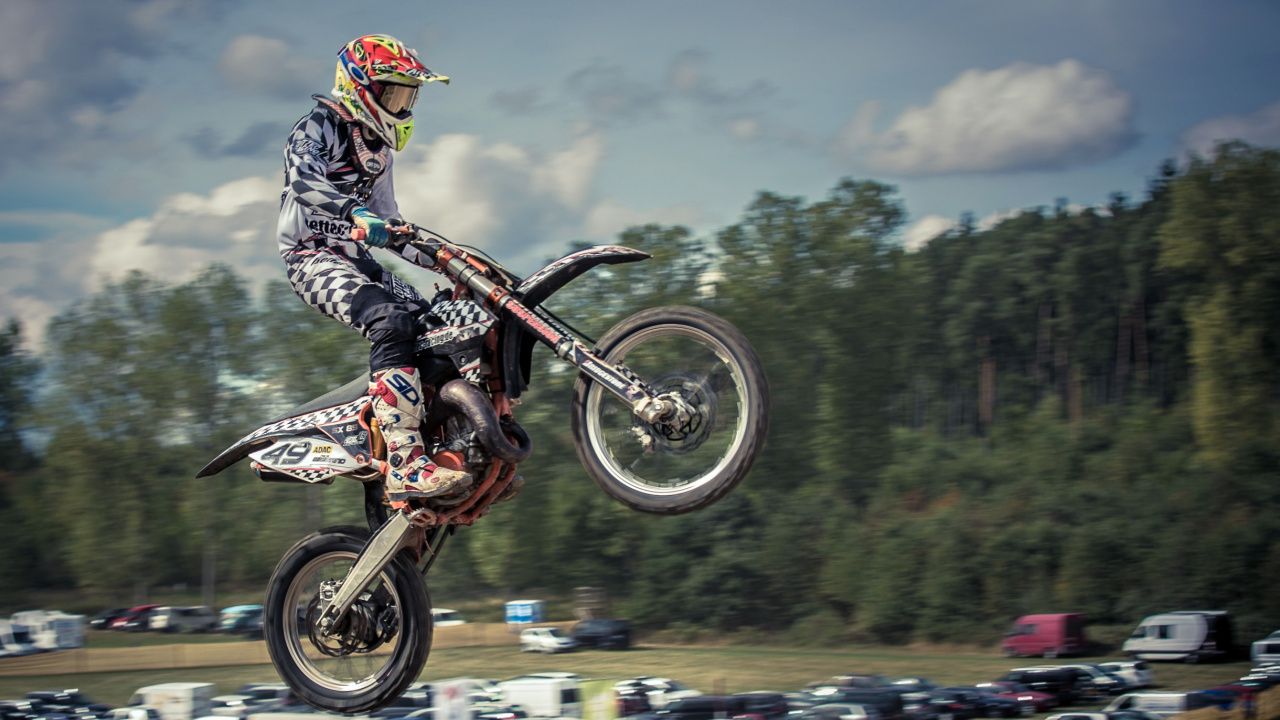 Обои Фристайл мотокросс, мотокросс, мотоцикл, гоночный, автоспорт в разрешении 1280x720