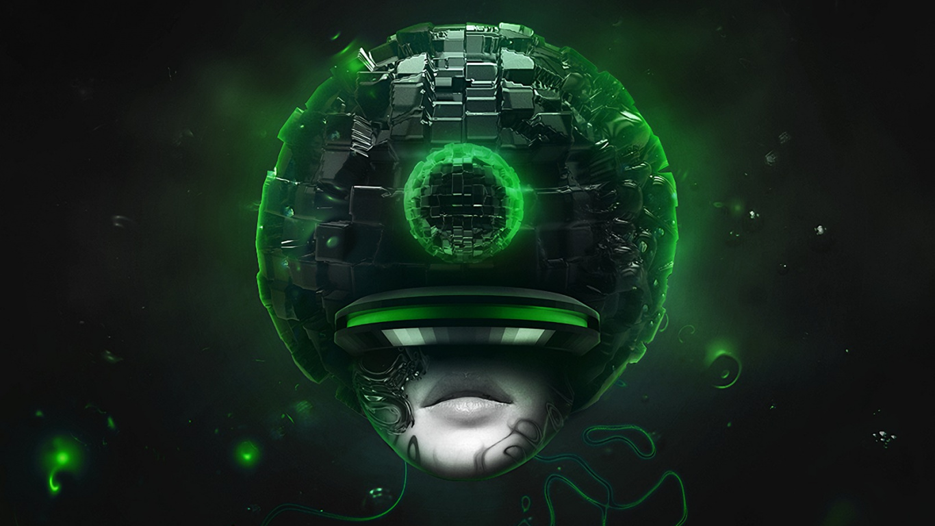 Обои фрактальное искусство, темнота, технологии, зеленый, Визуальный эффект освещения в разрешении 1366x768