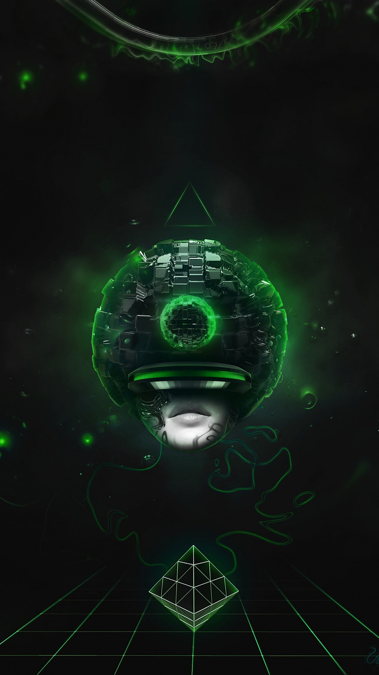 Обои фрактальное искусство, темнота, технологии, зеленый, Визуальный эффект освещения в разрешении 750x1334