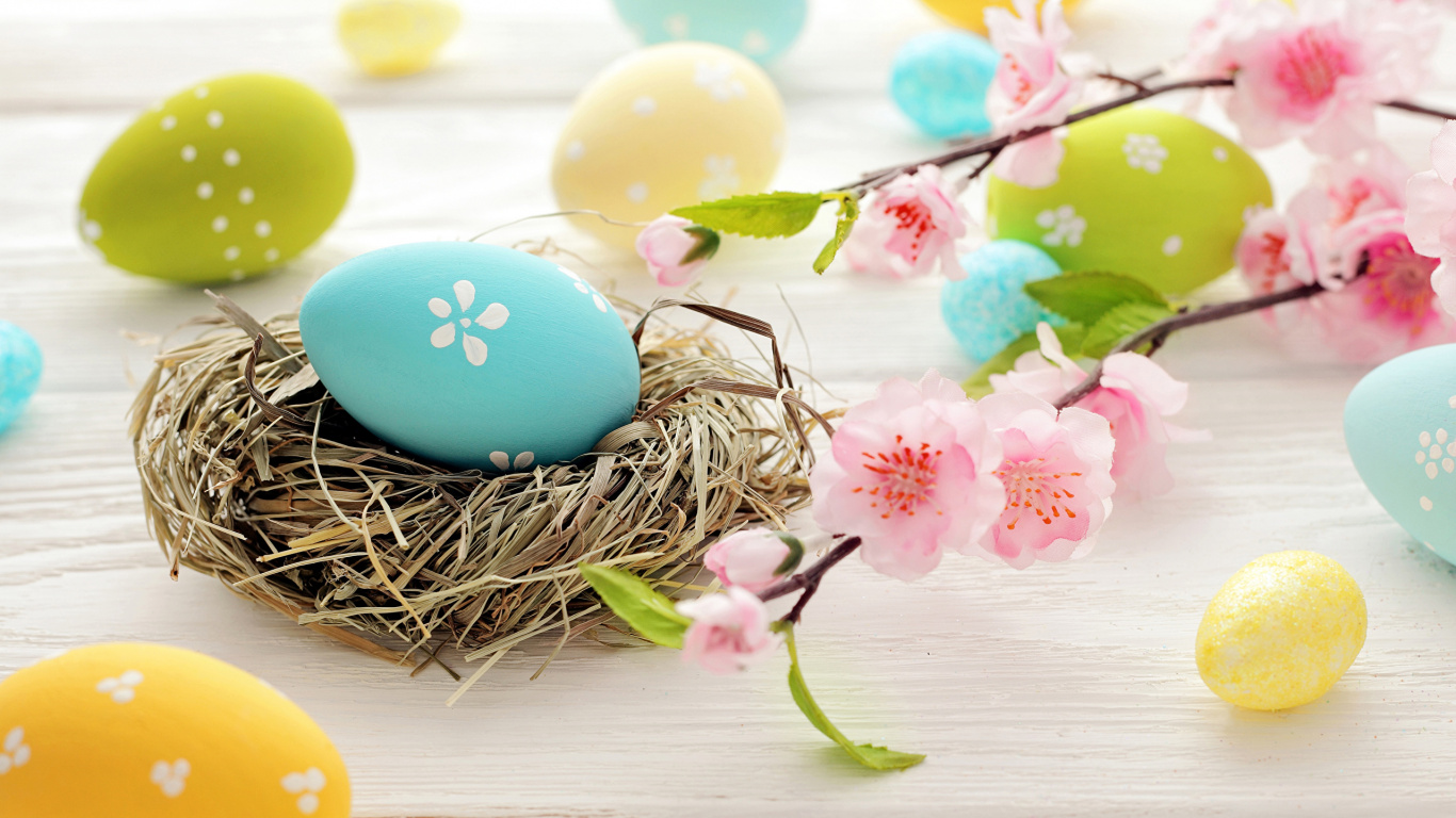 Обои пасхальное яйцо, праздник, пасха, яйцо, пасхальная корзина в разрешении 1366x768
