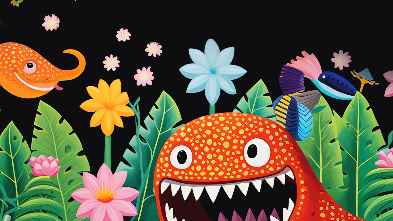 Обои мультфильм, живопись, рисование, зеленый, цветок в разрешении 1366x768