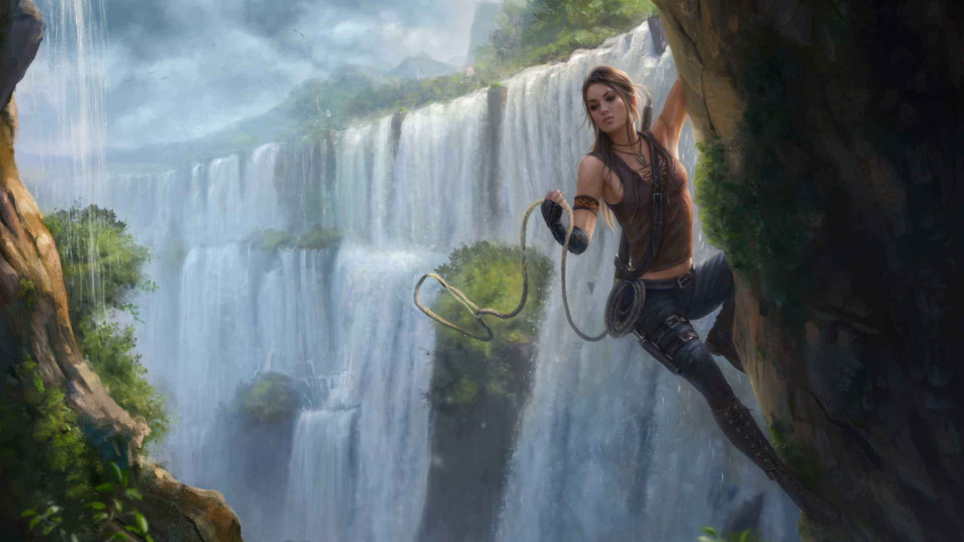 Обои арт, фэнтези, цифровое искусство, природа, водопад в разрешении 1920x1080